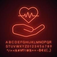 hart zorg neon licht icoon. menselijke hand met hartslagcurve. gloeiend bord met alfabet, cijfers en symbolen. vector geïsoleerde illustratie