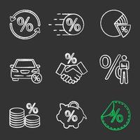 procenten krijt pictogrammen instellen. procentuele conversie, verkoop, cirkeldiagram, autolening, deal, zakenman, geld besparen, spaarvarken, kortingslabel. geïsoleerde vector schoolbord illustraties