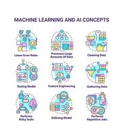 machine learning en ai concept pictogrammen instellen. kunstmatige intelligentie voordelen idee dunne lijn kleurenillustraties. geïsoleerde symbolen. bewerkbare streek. vector