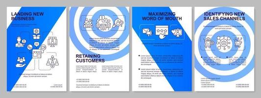 problemen in verkoopbeheer blauwe brochuresjabloon. nieuwe verkoopkanalen. folderontwerp met lineaire pictogrammen. 4 vectorlay-outs voor presentatie, jaarverslagen. vector