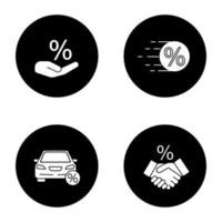 procenten glyph pictogrammen instellen. kortingsaanbieding, verkoop, autolening, zakelijke deal. vector witte silhouetten illustraties in zwarte cirkels