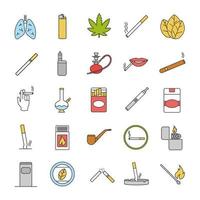 roken gekleurde pictogrammen instellen. sigaretten, rookapparaten, cannabiscultuur. geïsoleerde vectorillustraties vector