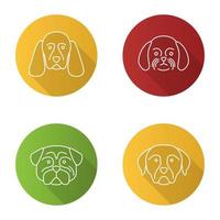 honden rassen vlakke lineaire lange schaduw iconen set. cocker spaniel, shih tzu, mopshond, rottweiler. vector overzicht illustratie