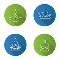 vakantie vlakke lineaire lange schaduw iconen set. diwali, thanksgiving day, nieuwjaar, pasen. vector overzicht illustratie