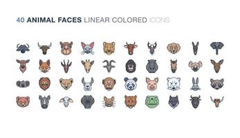 dierlijke gezichten lineaire gekleurde pictogrammenset vector