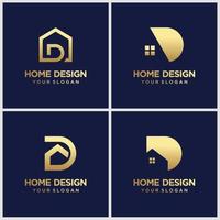 minimalistisch gouden letter d-logo-ontwerp met thuiselement. vector