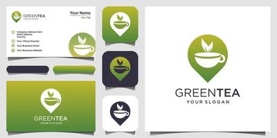 kopje thee met pin locatie logo ontwerpelement en visitekaartje ontwerp. theehuis vector ontwerp. hete aromathee met logo van groene bladeren.