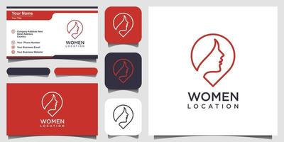 vrouw plaats logo ontwerp inspiratie. vrouwelijke pin logo ontwerpsjabloon. vrouw vinder logo en visitekaartje ontwerp vector