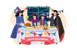 familie die samen halloween-diner heeft vector