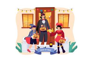 papa en kinderen doen trick or treat en hebben plezier op Halloween vector