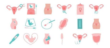 gynaecologie en verloskunde pictogrammen instellen. echografie, controle, kunstmatige bevruchting, gynaecologische chirurgie, anticonceptiepillen, menstruatie. echografie, kunstmatige bevruchting, zwangerschap, foetus. vector