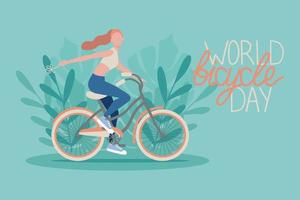 wereld fietsdag poster met meisje fietsen achtergrond met monstera. eco-concept. vector