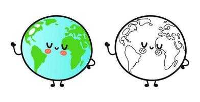 grappige schattige gelukkige planeet aarde tekens bundel set. vector hand getekend cartoon kawaii karakter illustratie pictogram. schattige planeet aarde. schets cartoon afbeelding voor kleurboek