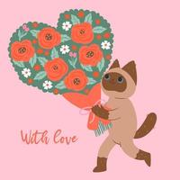 ansichtkaart met een kat die een boeket bloemen draagt. vectorafbeeldingen. vector