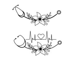 teken hartslag in stethoscoop met bloemen. vectorillustratie. hartslaglogo van kliniek of arts in kaderstijl. vector