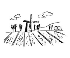 tekening vintage windmolen en Italiaans landschap. gegraveerde stijl vectorillustratie geïsoleerd op een witte achtergrond. Toscane landelijk veld, huis en wolken. vector