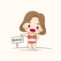 schattig meisje draagt bikini wandelen op het strand. zomervakantie en vakantie. chibi stripfiguur. platte vectorillustratie vector