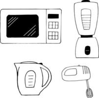 keukenapparatuur magnetron, mixer, waterkoker, blender set icoon. hand getrokken doodle stijl. , minimalisme, zwart-wit, schets. voedsel kookmix warm vector