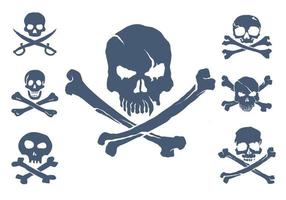 blauwe verzameling van 7 vectorschedels je kunt deze piratenschedels gebruiken om t-shirts, kleding, piratenvlaggen, mokken, kussens, snowboards en andere items en dingen te bedrukken. vector