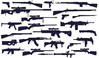 grote reeks silhouetten van 24 vuurwapens. pistolen, geweren, jachtgeweren, wapens van klein kaliber en zelfs een granaatwerper op één plek. vector