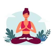 mediterende vrouw. vectorillustratie van cartoon jonge vrouw zitten in yoga lotuspositie omringd door bladeren van de plant. yoga lotus pose, vrouwen wellness-concept. plat geïsoleerd op wit vector