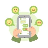 schattige hand met smartphone om bericht te verzenden met emoticon in chattoepassing vector