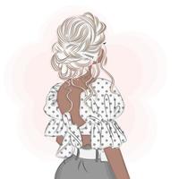 modieuze blonde in een blouse met een open rug, met haarspelden, met een stijlvol kapsel, print mode vectorillustratie vector