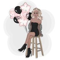 mooie blonde zittend op een stoel met ballonnen, vector mode illustratie print