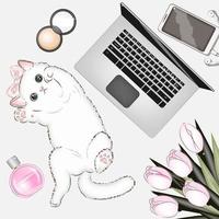 mode-illustratie, set, kat, laptop, smartphone, poeder, parfum vectorillustratie vector