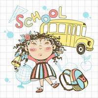 een schattig meisje met een bel en een aktetas gaat naar school. terug naar school. de schoolbus. vector