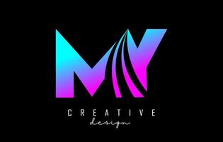 creatieve kleurrijke letters mijn mijn logo met leidende lijnen en wegconceptontwerp. letters met geometrisch ontwerp. vector