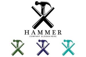 hamer, bouwconstructiehulpmiddelen en rechter logo vectorpictogram, vintage retro ontwerpillustratie vector