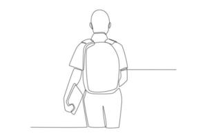 een doorlopende lijntekening van een achteraanzichtjongen die met een rugzak op zijn rug staat. terug naar schoolconcept. enkele lijn tekenen ontwerp vector grafische afbeelding.
