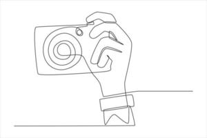 continu één lijntekening hand met camera. wereld foto dag concept. enkele lijn tekenen ontwerp vector grafische afbeelding.