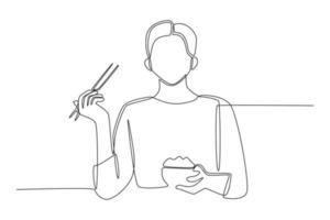 continue een lijntekening aziatische vrouw die rijst in een kom eet terwijl hij zijn eetstokjes omhoog steekt en wijst. eten activiteit concept. enkele lijn tekenen ontwerp vector grafische afbeelding.