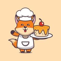 schattige vos chef-kok mascotte stripfiguur met cake vector