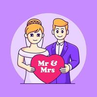 getrouwde man en vrouw die liefde vectorillustratie brengen. bruiloft leuke tekenfilm vector