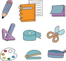 doodles collectie schoolbenodigdheden. potlood, etui, notitieboekjes, nietmachine, linialen, palet, plakband vector