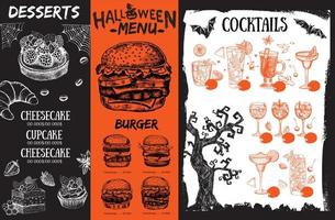 restaurant café-menu, sjabloonontwerp, halloween-menu, voedselflyer. vector