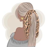 modieuze blonde in een sjaal met luipaardprint, mode vectorillustratie textiel print vector