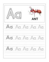 oefenwerkbladen voor kleurrijke alfabetten voor kinderen, a is voor ant vector