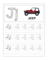 oefenwerkbladen voor kleurrijke alfabetten voor kinderen, j is voor jeep vector