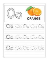 oefenwerkbladen voor kleurrijke alfabetten voor kinderen, o is voor oranje vector