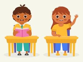 schoolkinderen met schoolbenodigdheden zitten aan een schoolbank. kinderen met rugzakken en boeken. kleurrijke stripfiguren. platte vectorillustratie. vector