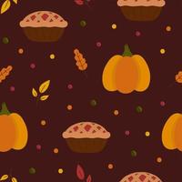 Thanksgiving naadloos patroon met pompoenen en taart. herfst hand getekende textiel print. vector gezellige achtergrond.