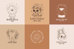 boho mystieke doodle esoterische logo set. magisch lijnkunstpictogram met zandloper, schedel, tand, kasteelzon vector