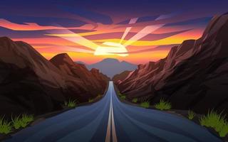 woestijn weg zonsondergang landschap met kleurrijke bewolkte hemel vector