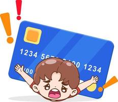 stripfiguur man met creditcard, schuld en financieel concept, vlakke afbeelding vector
