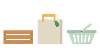 houten kist, papieren zak en winkelmandje voor supermarkt. boerenmarkt collectie. producten kopen. platte vectorillustratie vector