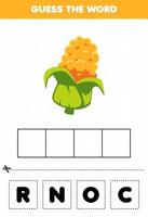educatief spel voor kinderen raad de woordletters die schattige groentemaïs oefenen vector